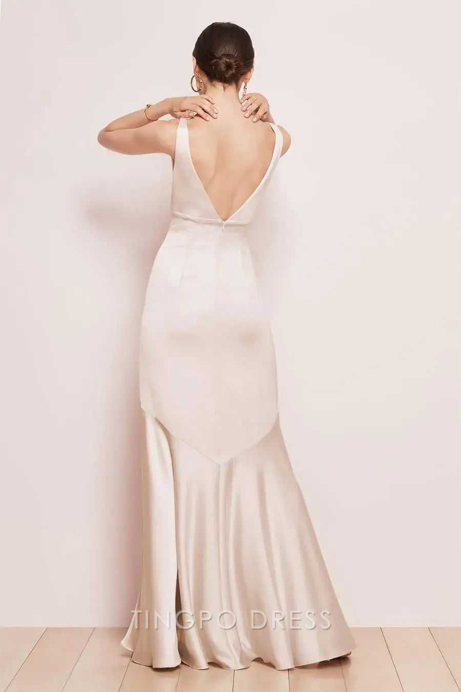 TingPo Wholesale Elegant Ivory Satin Deep V Dress - Spaghetti Strap Maxi Evening Gown